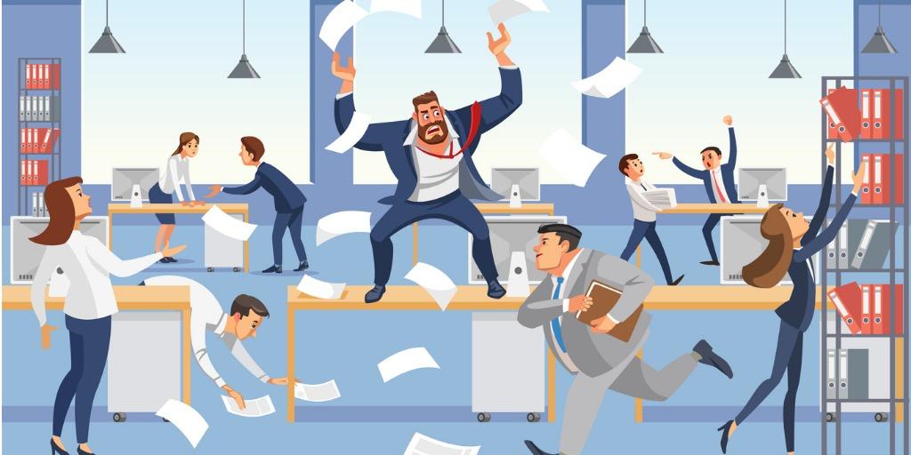 Employees are panicking in an office with papers flying everywhere