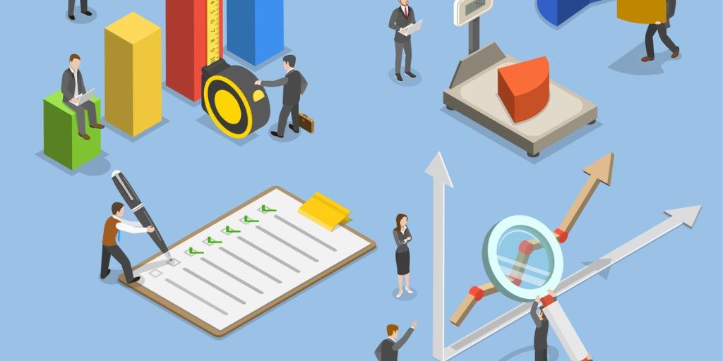 Business team showing ways to be productive: creating checklist, charting progress, weighing and measuring items