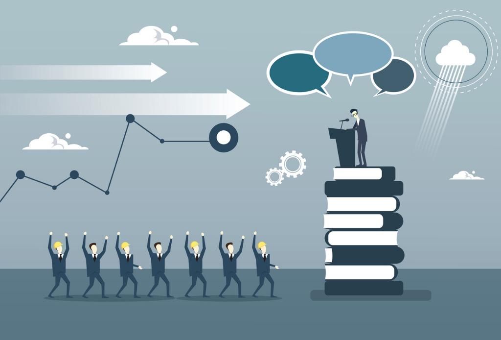 illustration of man standing on stack of books giving speech to group of men in suits
