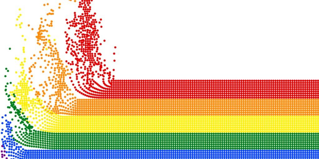 rainbow design made of dots on bottom half, dots dispersing on left side