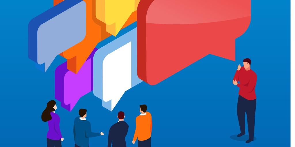 People facing each other talking with speech bubbles over them