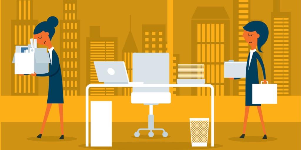 One woman leaving office with boxes while a different one moving in