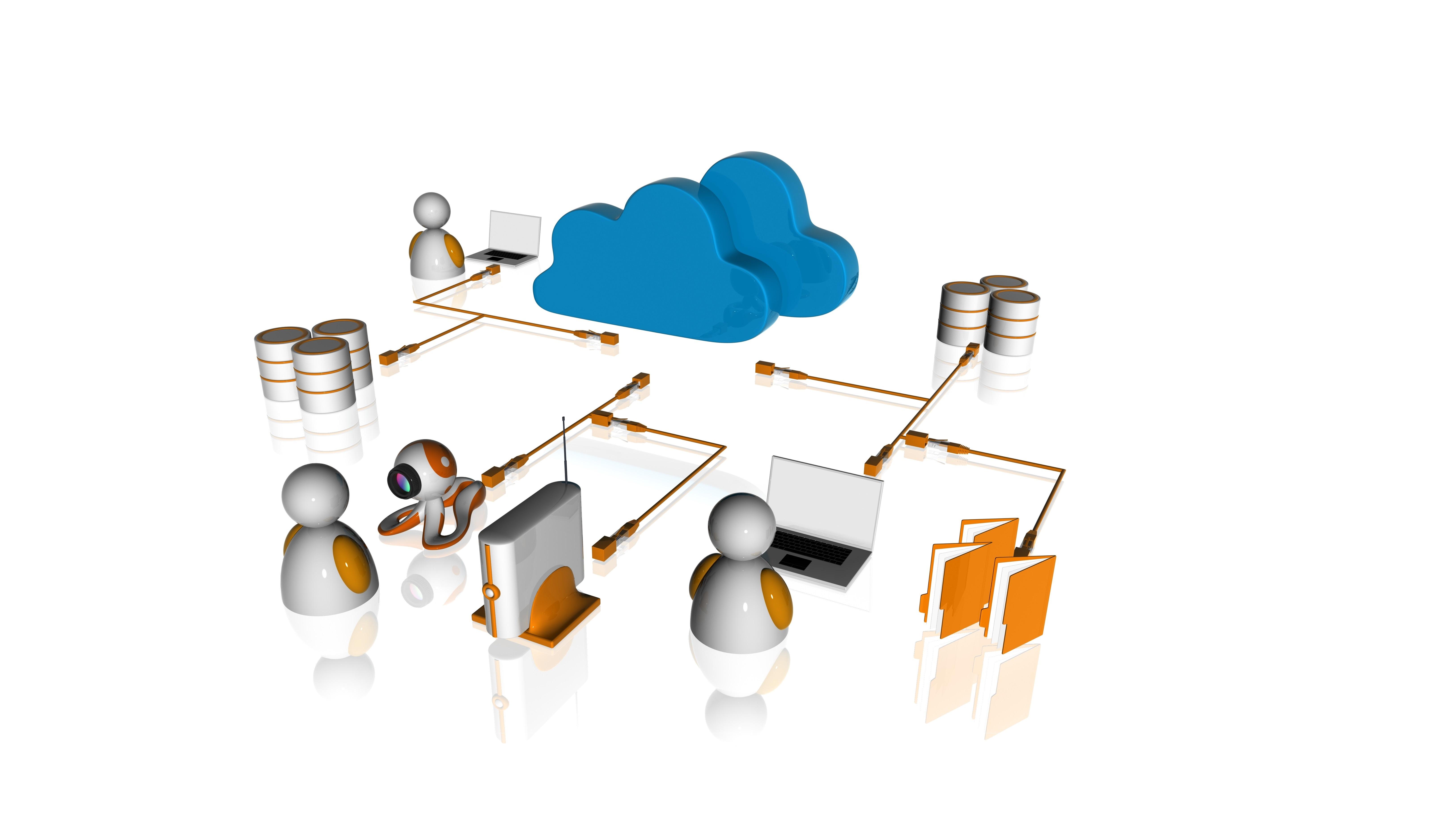 illustration of connections between humans, money, computers and other technology, the cloud, etc.