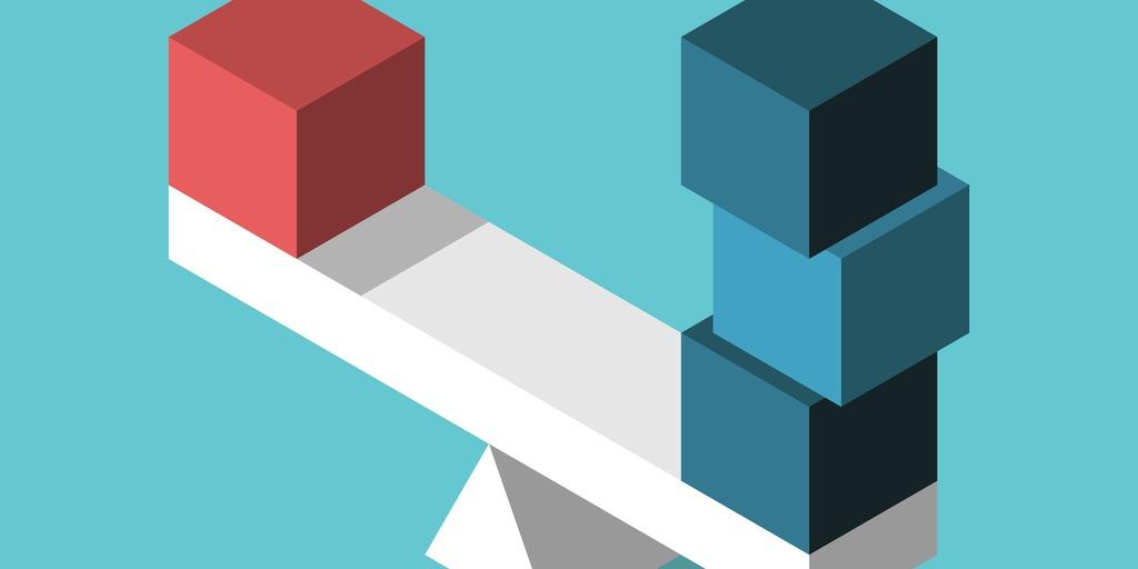 Measuring one red block to two blue blocks on scale