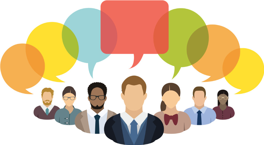 Group of seven people with different speak bubbles