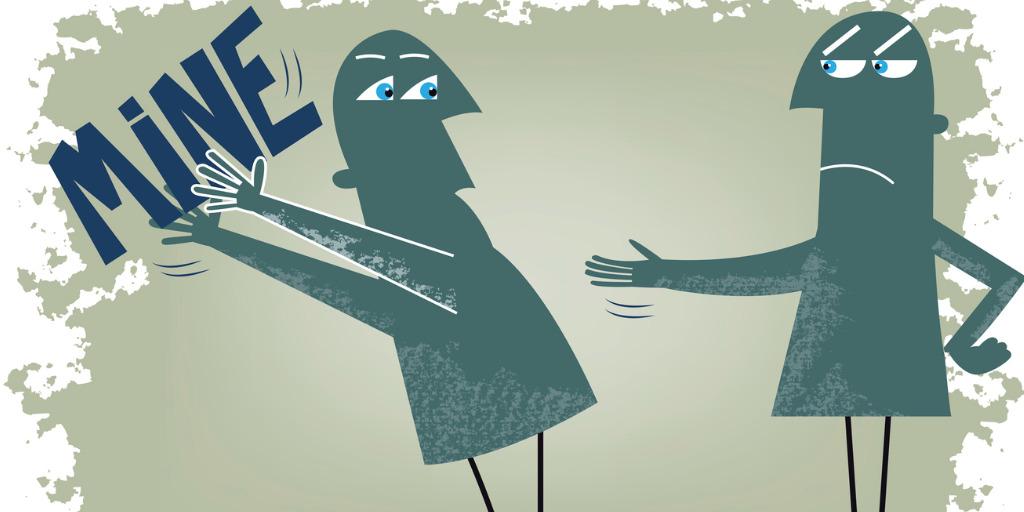 Cartoon showing one person refusing to share with another