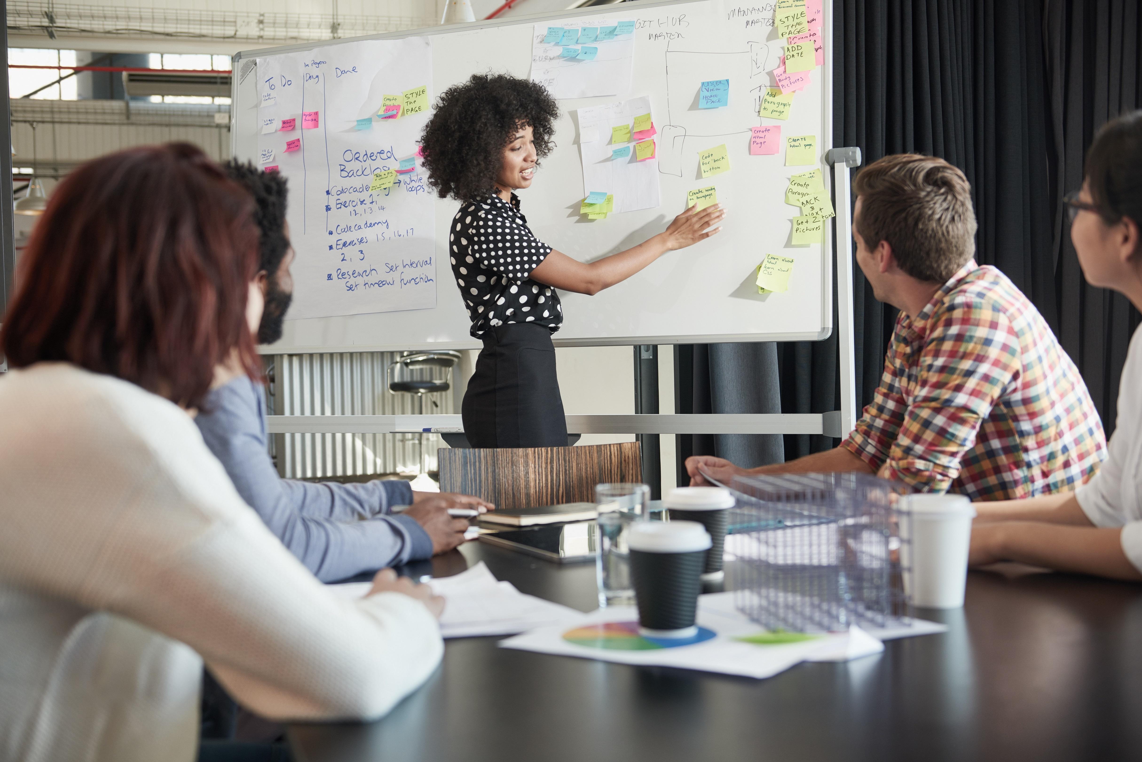 Employee leading a team meeting by using sticky notes on a whiteboard