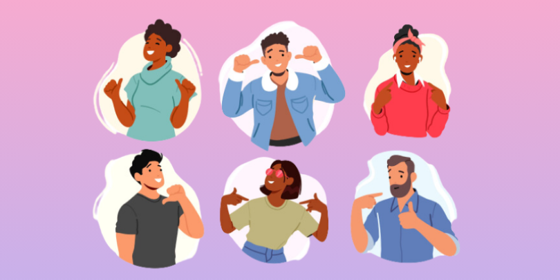 Set of Enthusiastic Male and Female Characters Pointing Towards Themselves With Sense Of Charisma