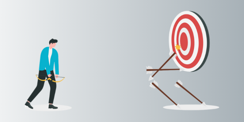 man firing arrows missing target and disappointed 