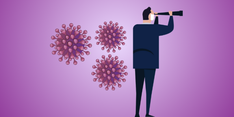 man looking ahead through telescope with bacteria behind him