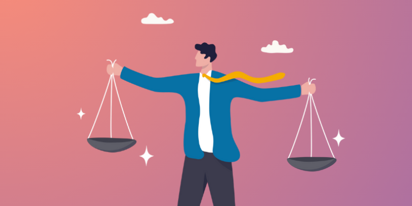 man holding 2 dishes on strings to look like a human scale