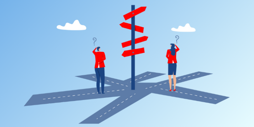 man and woman stuck at a crossroad unsure which direction to go