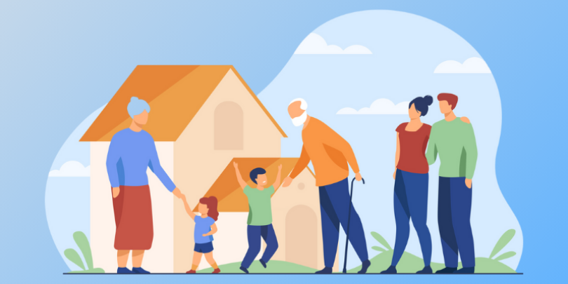 family of 6 in front of house