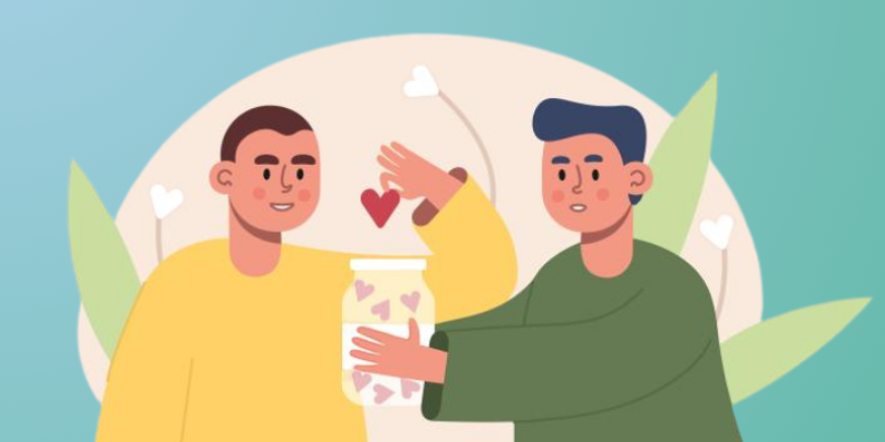 Man giving a heart to another man holding a jar full of hearts