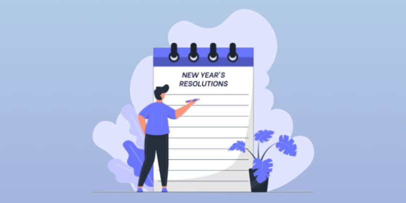 Man standing in front of a giant list titled "New Year's Resolutions".