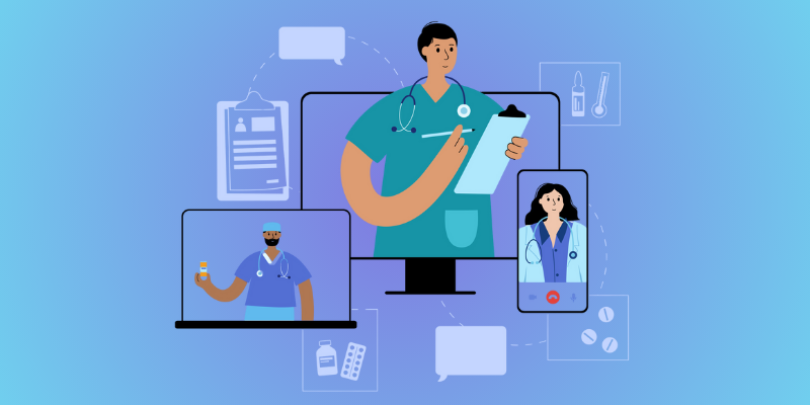 Doctors team gives medicines and prescription to a patient via smartphone or laptop