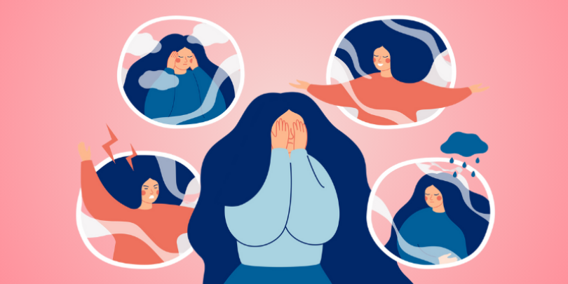woman surrounded by different emotional 'versions' of herself
