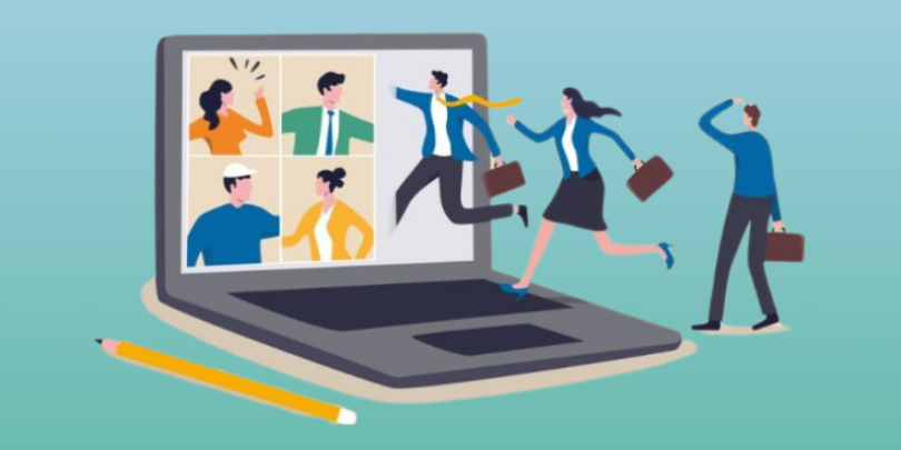 employees jumping into a giant laptop screen