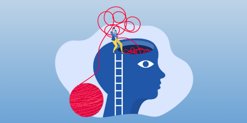 man pulling tangled red string out of a giant brain to demonstrate unlearning biases
