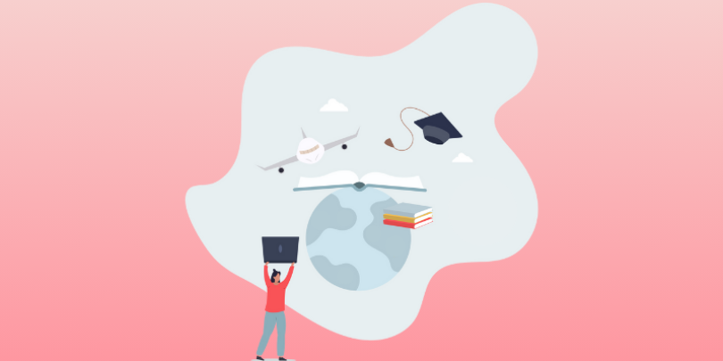 international student in front of globe