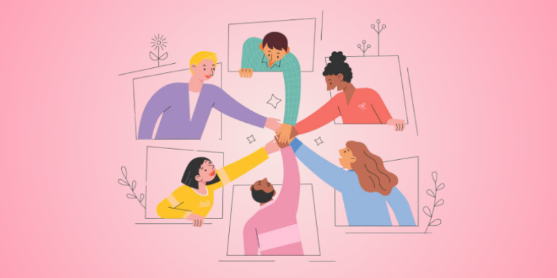 6 people stacked hands showing teamwork and trust