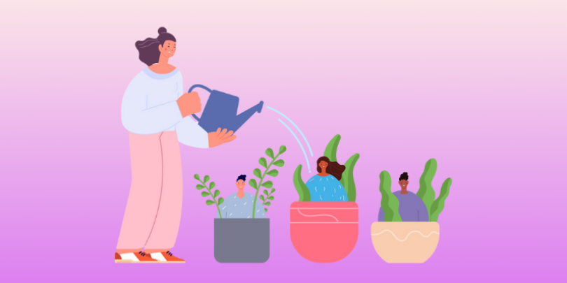 woman watering plants that represent other people to help them grow