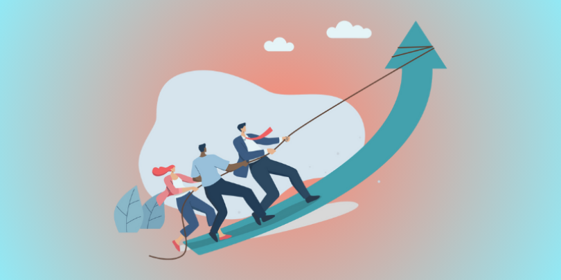 Business team pulling arrows trying to help drive the company to grow