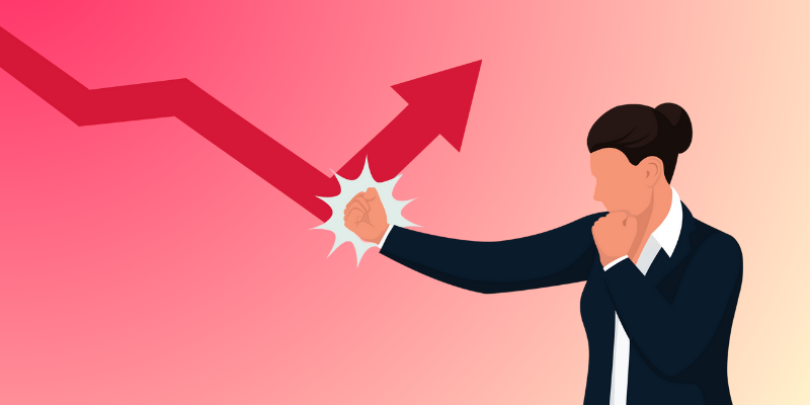 woman punching downwards arrow to change direction upwards