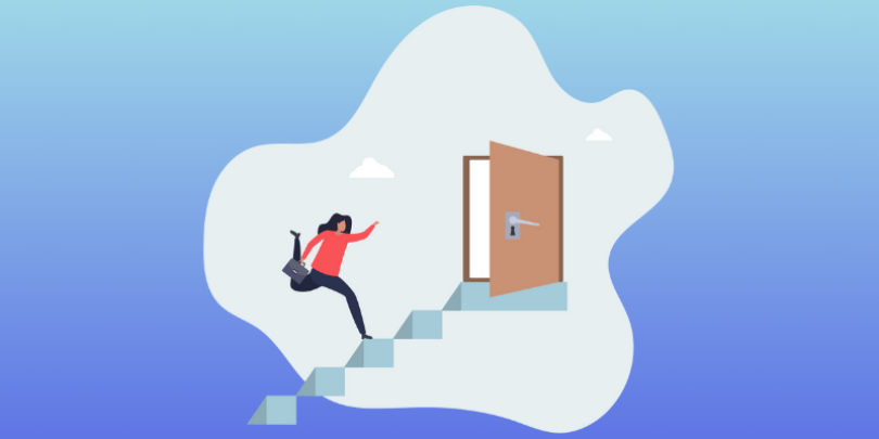 woman walking up flight of stairs