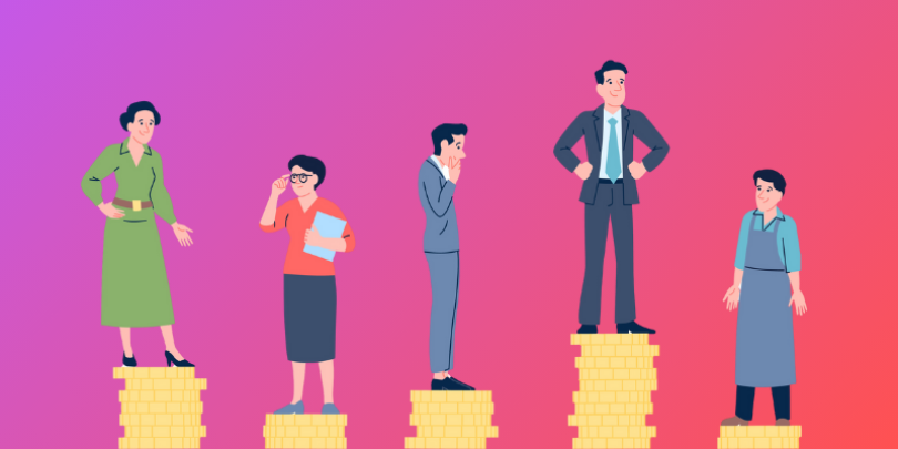 Several employees standing on coin stacks of varying heights