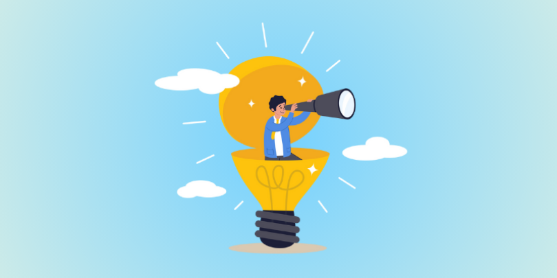 man flying through sky in a lightbulb
