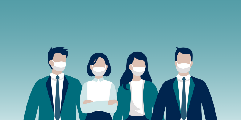 4 employees wearing medical masks