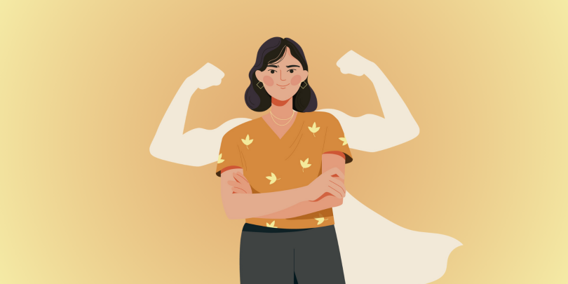 woman with superhero silhouette behind