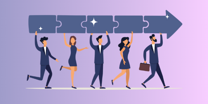 5 employees pushing an arrow forward