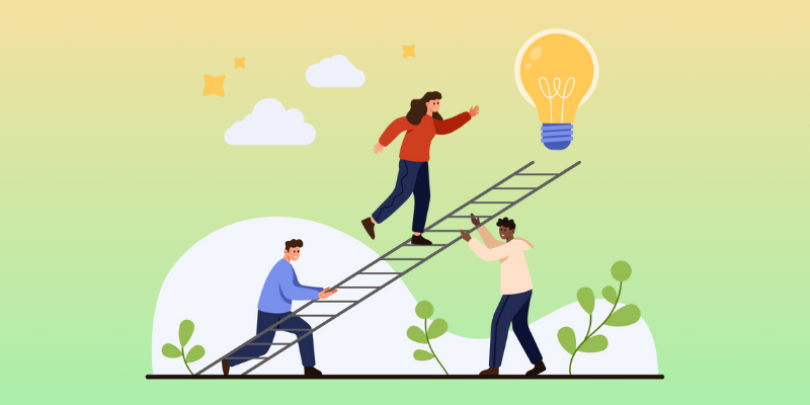 3 employees climbing a ladder towards a lightbulb