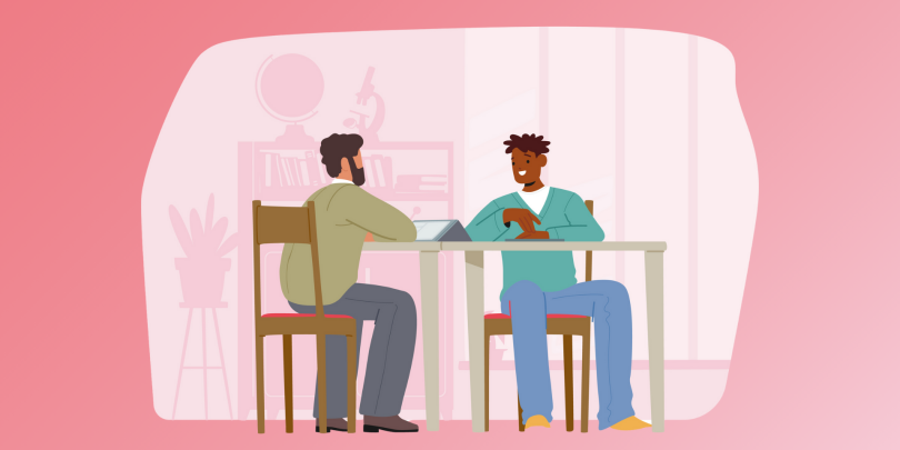 2 employees talking at work