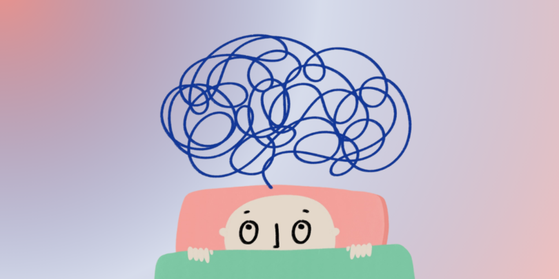 Man laying in bed with scribble line above his head to show thinking