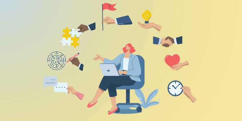 boss with different symbols representing leadership styles surrounding them