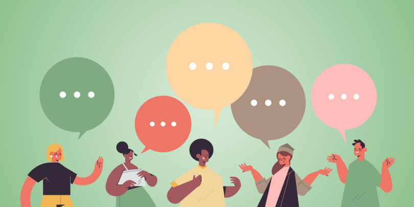 5 people talking with speech bubbles