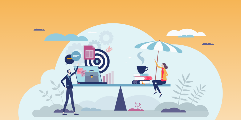 2 employees on a scale demonstrating work-life balance