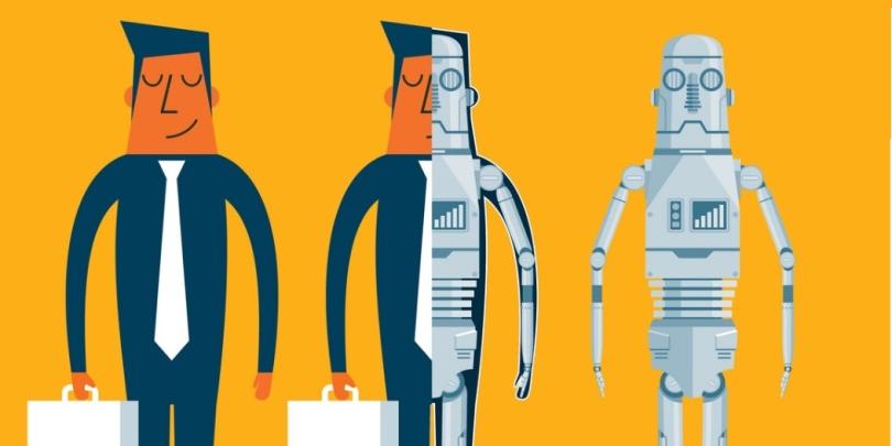 A man in a suit on the left, a robot on the right, and a cyborg combination in the middle