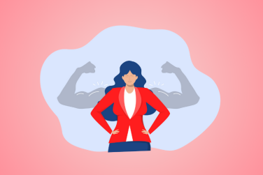 smiling woman whose shadow is flexing muscles to show energy and confidence