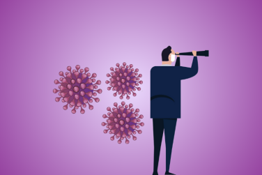 man looking ahead through telescope with bacteria behind him