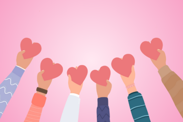 6 hands holding love hearts