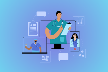 Doctors team gives medicines and prescription to a patient via smartphone or laptop