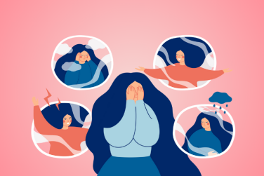 woman surrounded by different emotional 'versions' of herself