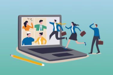 employees jumping into a giant laptop screen