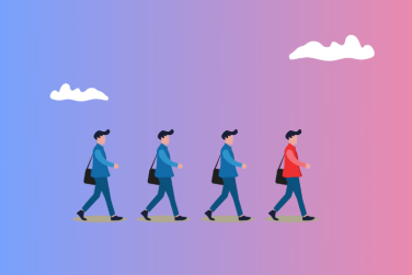 3 blue shirt men following 1 red shirt man