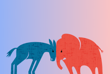 Democratic donkey and Republican elephant butting heads