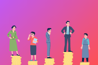 Several employees standing on coin stacks of varying heights